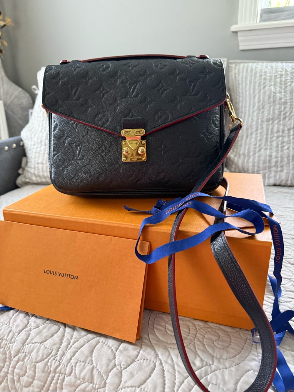 Louis Vuitton Black Leather Shoulder Bag with Red Trim and Gold Hardware